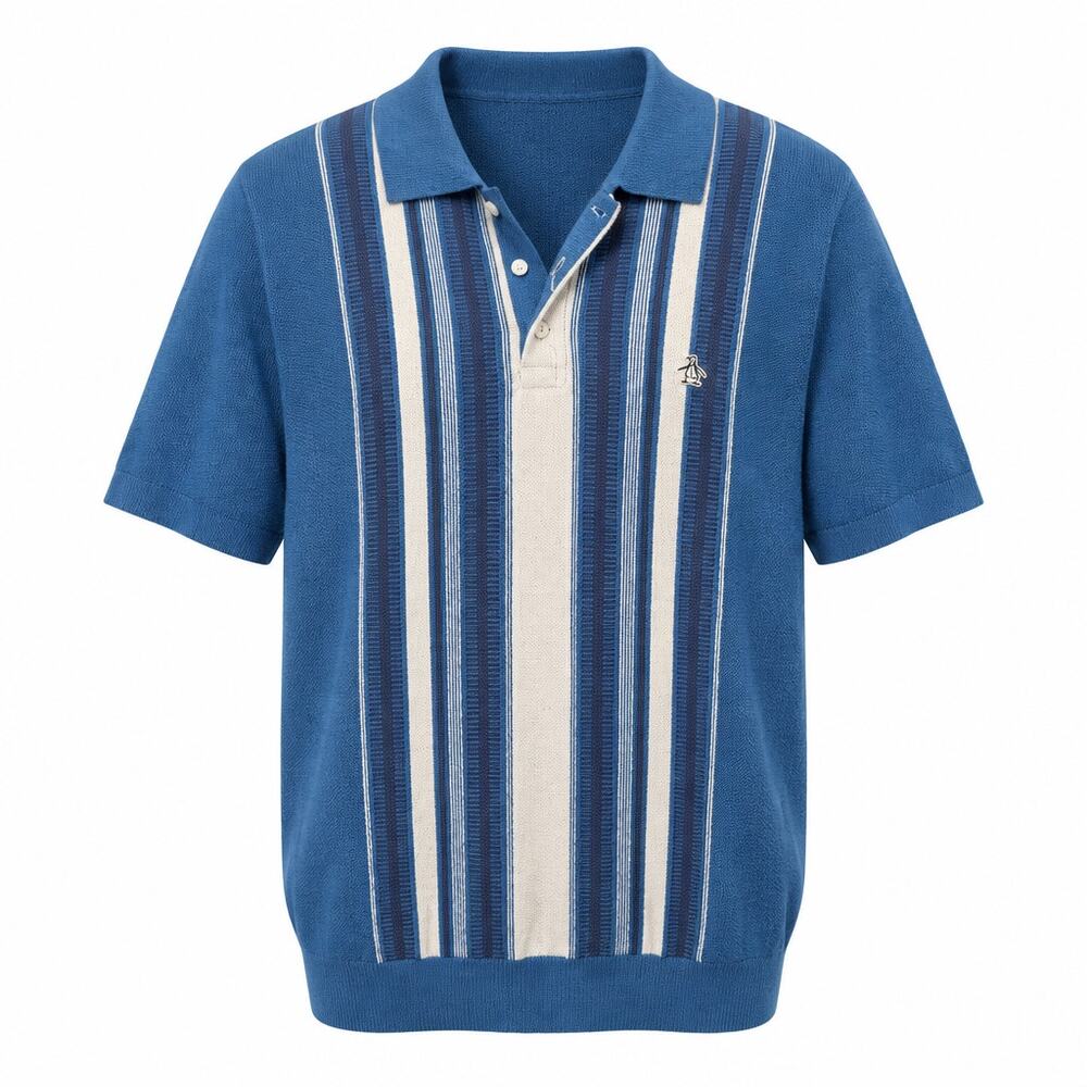 Original Penguin Retro Stripe Knit Sweater Polo Vallarta Blue Men's L NWT Rare